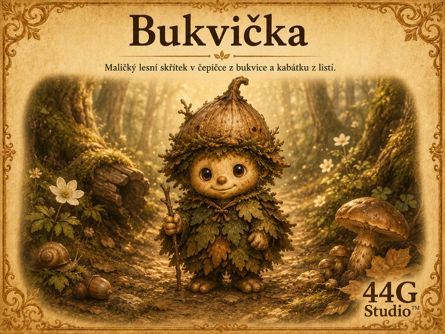 Bukvička jako drobná pohádková bytost z lesa.