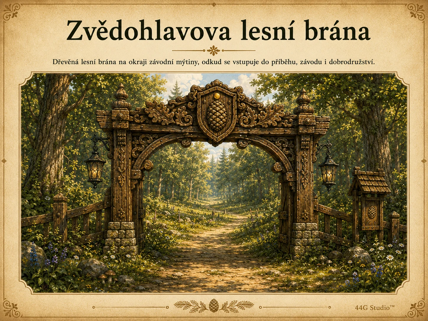 Lesní brána jako vstup do pohádkového světa.