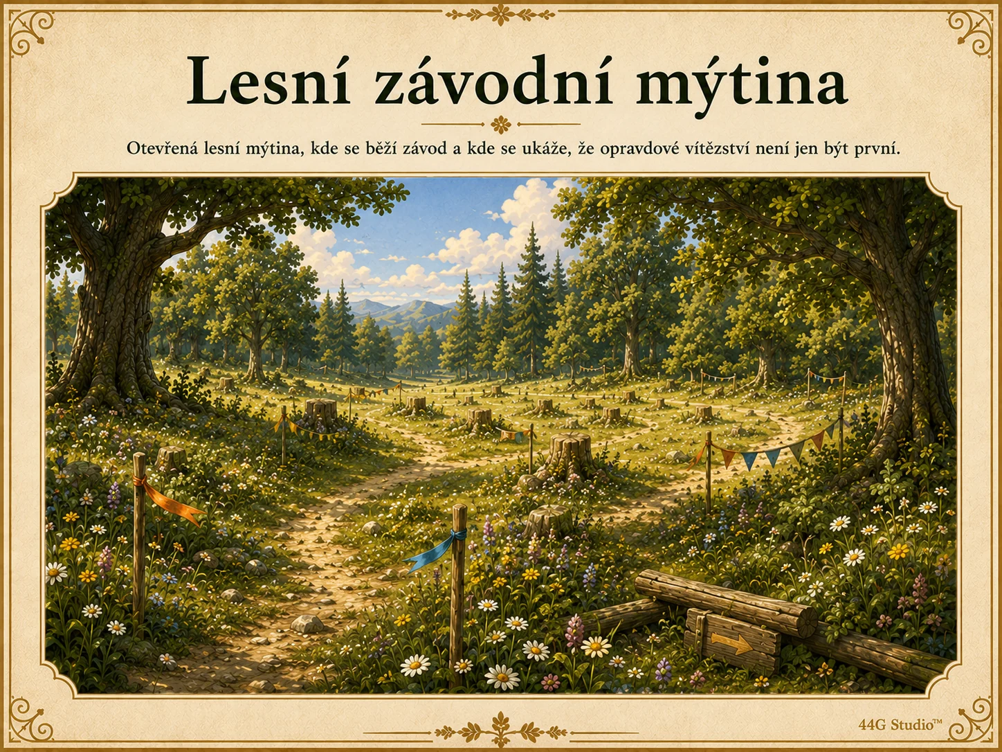 Lesní závodní mýtina v pohádkovém světě.