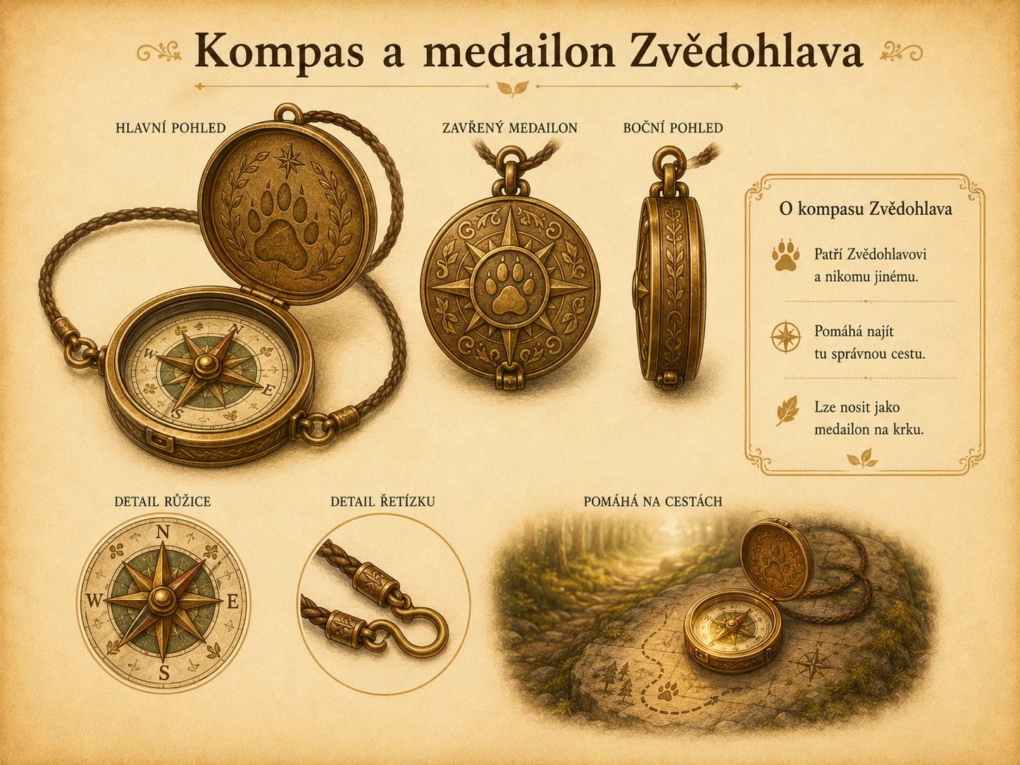 Kompas a medailon jako symbol cesty ve Zvědohlavově světě.