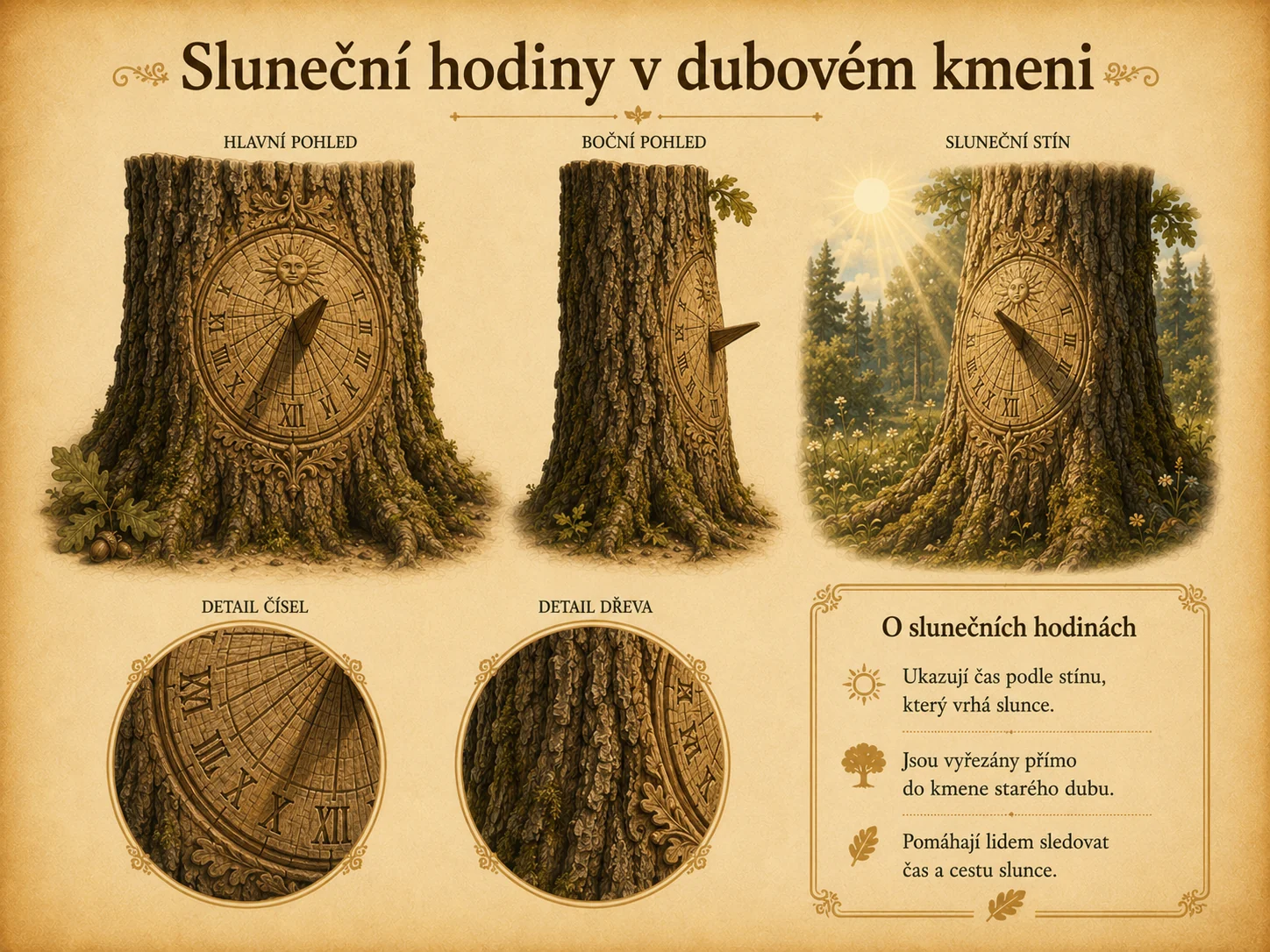 Sluneční hodiny v dubovém kmeni jako poetický obraz času.
