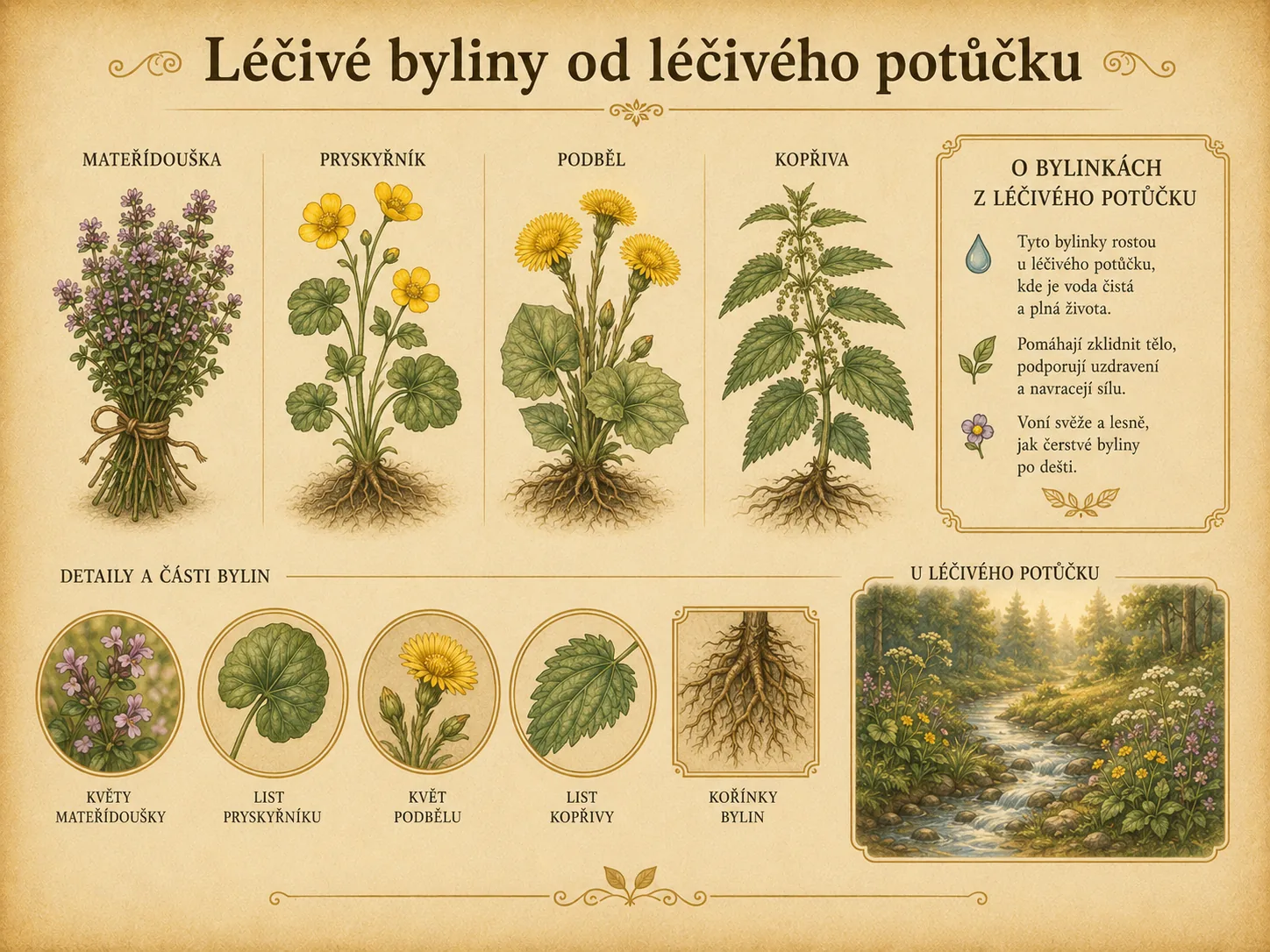 Léčivé byliny a přírodní prvky u potůčku.