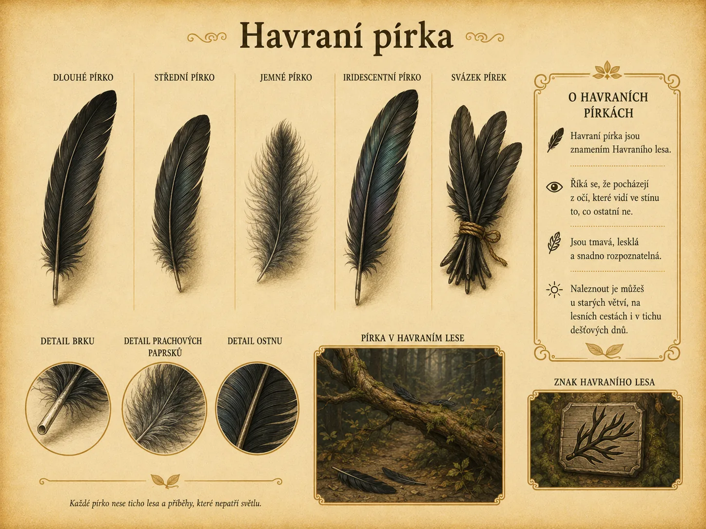 Havraní pírka a znaky lesního světa.