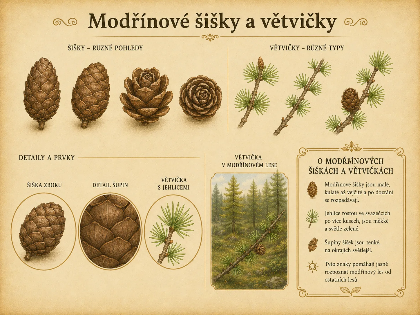 Modřínové šišky a větvičky v pohádkové přírodě.
