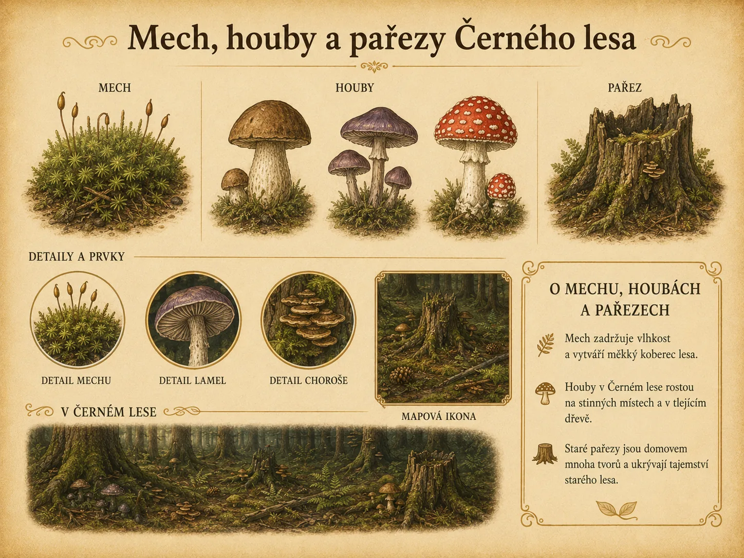 Mech, houby a pařezy v temnějším lesním prostředí.